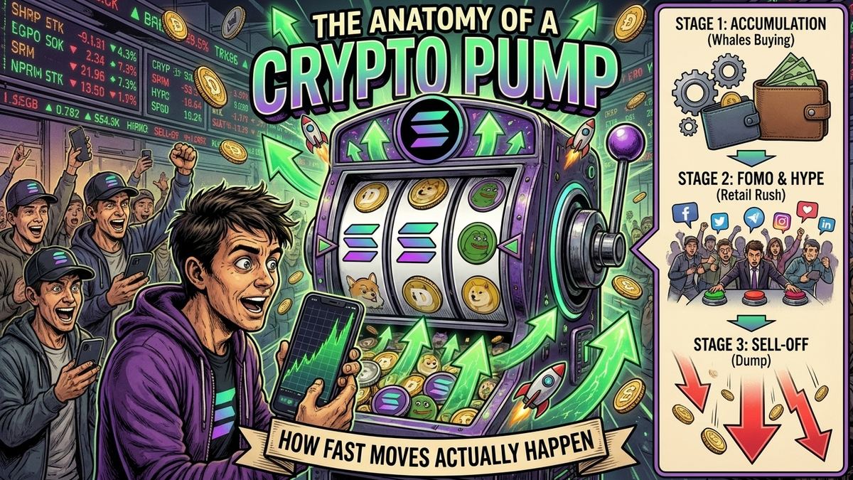 Slot machine style illustration showing the stages of a crypto price pump