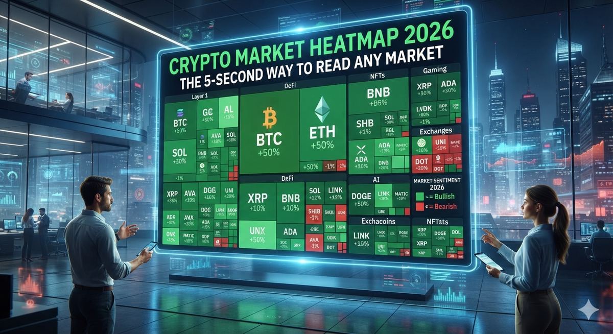 Trader glancing at a colorful crypto heatmap dashboard on a monitor