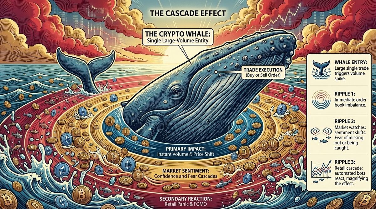 Large whale surfacing in a sea of crypto coins with ripple effects spreading outward