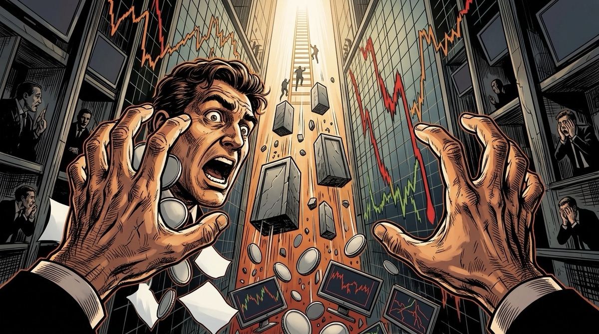 Trader gripping their head in front of falling red price charts and panic-driven market chaos