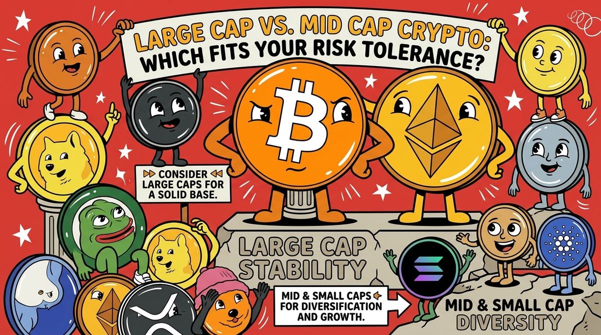 Cartoon Bitcoin and Ethereum coins labeled Large Cap Stability next to smaller altcoins labeled Mid Cap Diversity