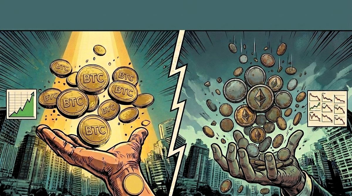 Hand holding rising Bitcoin coins beside a hand with falling altcoins representing market breadth
