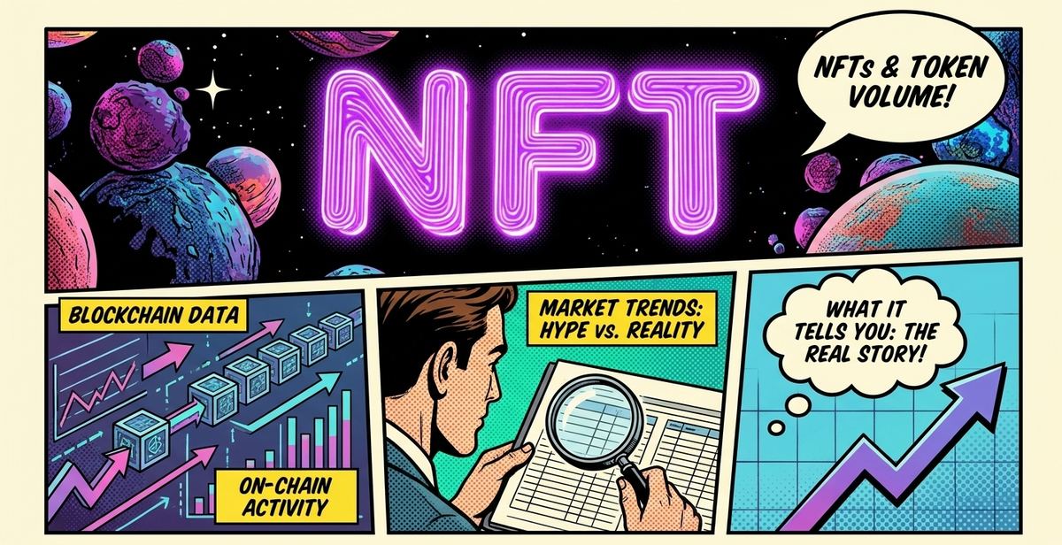 Neon NFT letters with blockchain data charts showing on-chain activity trends