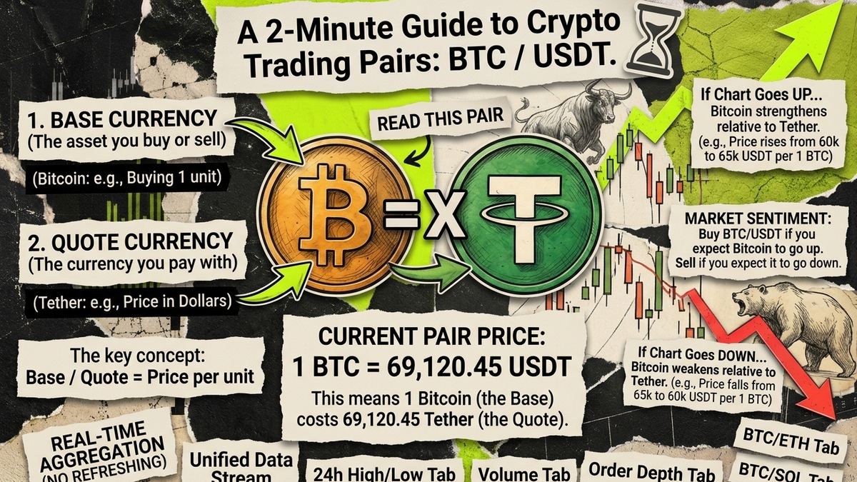 Bitcoin and Tether coin icons connected by an equals sign showing a trading pair price