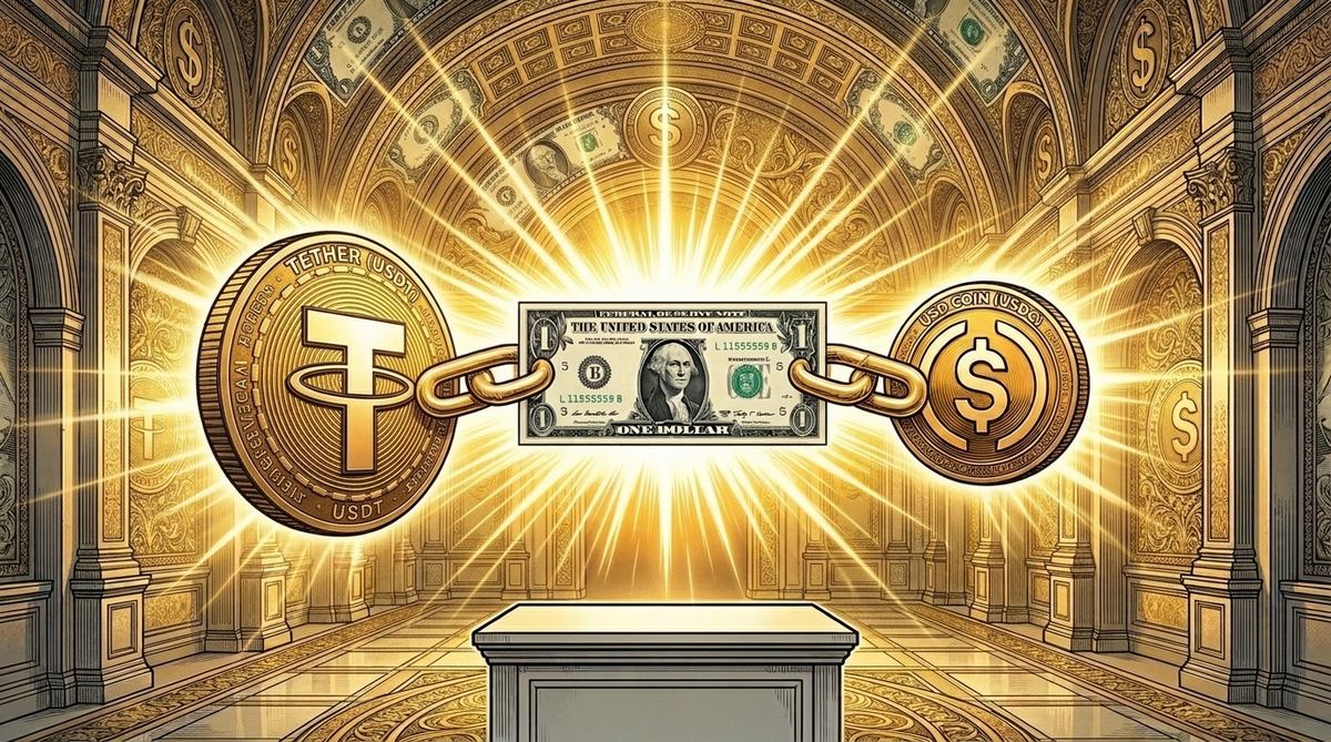Tether and USD Coin logos connected by a chain to a physical US dollar bill