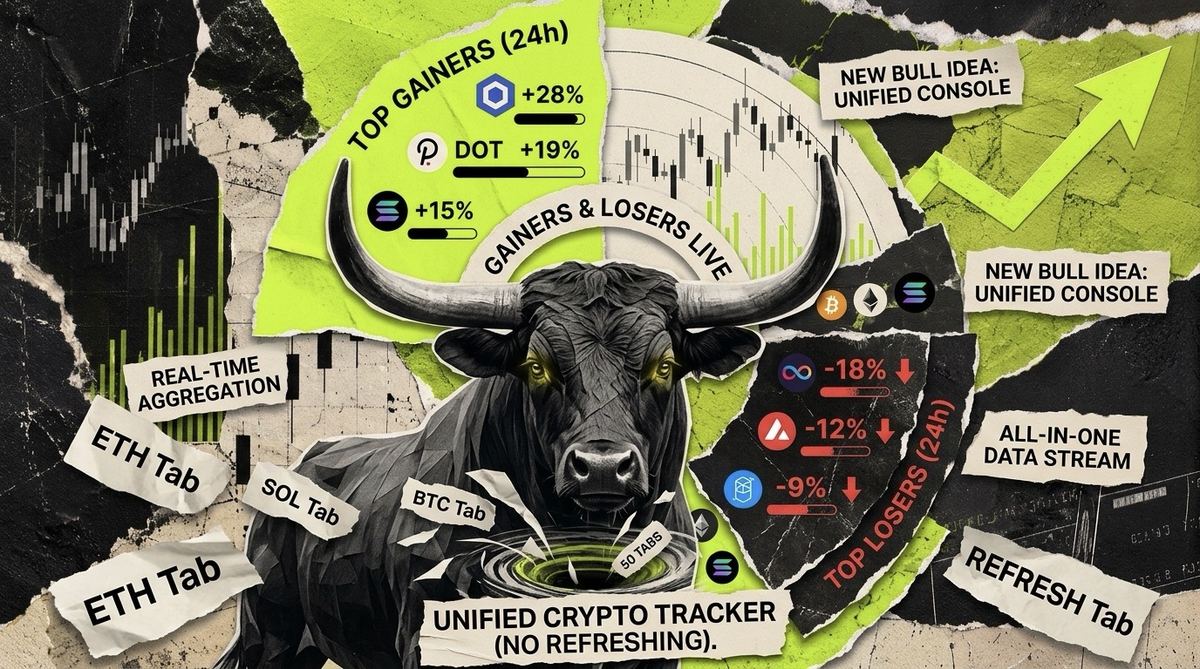 Bull surrounded by torn browser tabs representing scattered crypto tracking tools unified into one