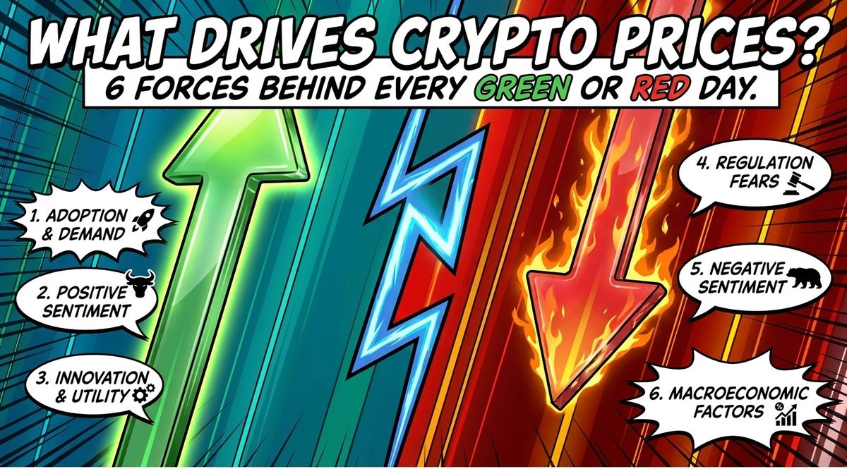 Green up arrow and red down arrow with six labeled forces driving crypto prices