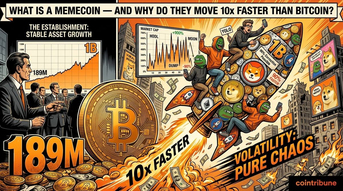 Rocket made of meme-style coin characters launching upward with volatile charts
