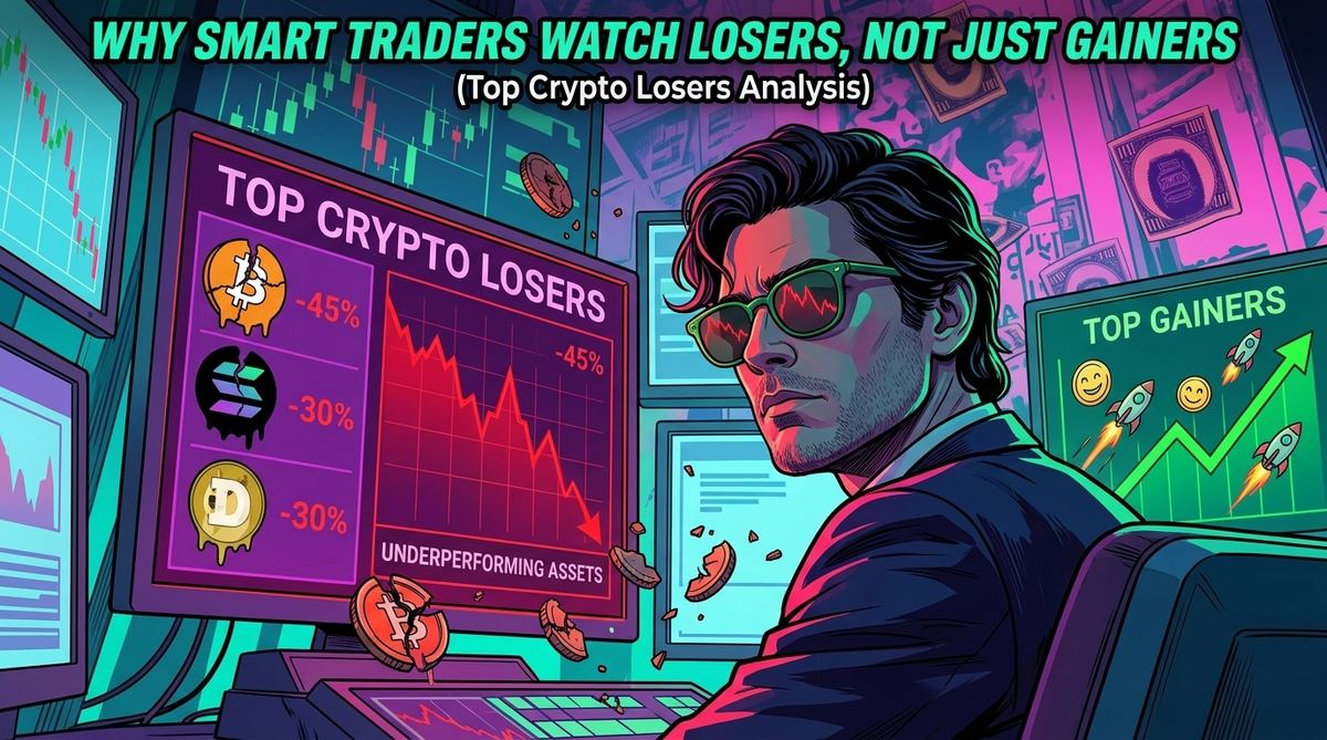 Split screen showing a top crypto losers ranking beside a top gainers ranking